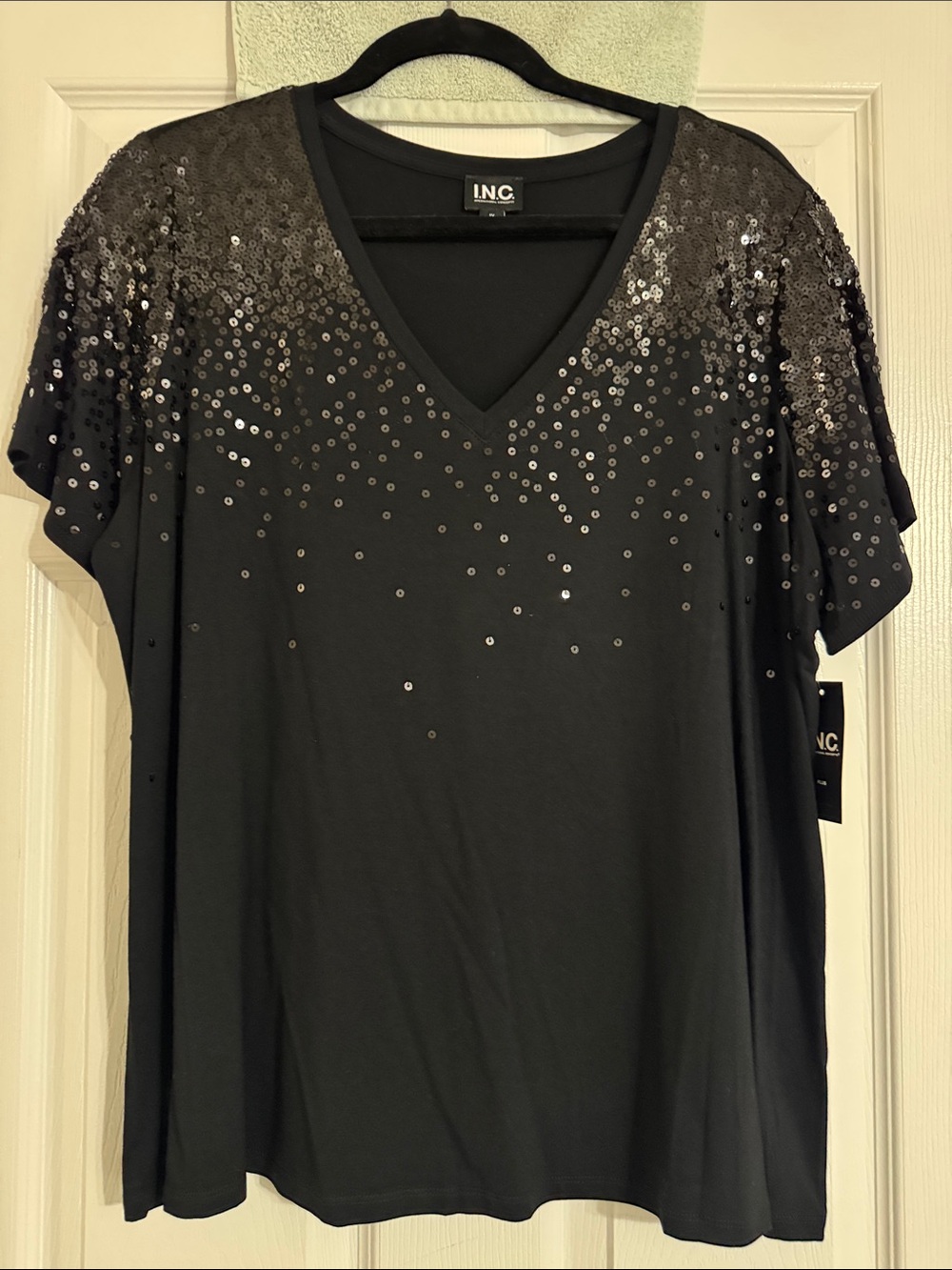 INC International Concepts Black Sequin V-Neck Short Sleeve Top
